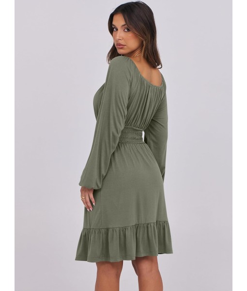 ANRABESS Womens Dress Long Lantern Sleeve Square Neck Elastic Waist Ruffle Flowy Swing A-Line Short Dresses 2025 Fall Fashion