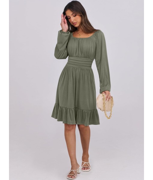 ANRABESS Womens Dress Long Lantern Sleeve Square Neck Elastic Waist Ruffle Flowy Swing A-Line Short Dresses 2025 Fall Fashion