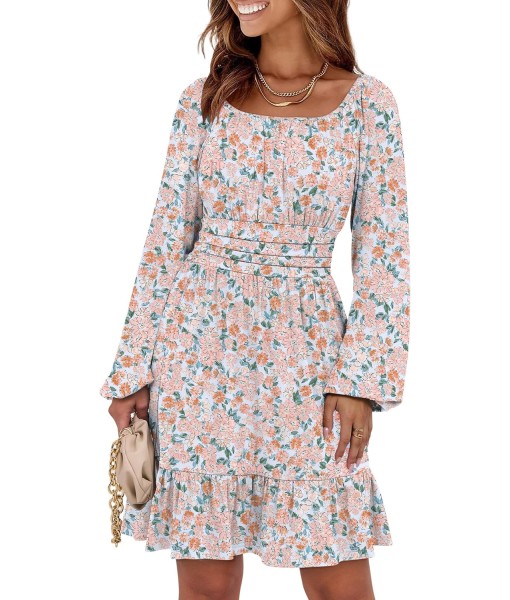 ANRABESS Womens Dress Long Lantern Sleeve Square Neck Elastic Waist Ruffle Flowy Swing A-Line Short Dresses 2025 Fall Fashion
