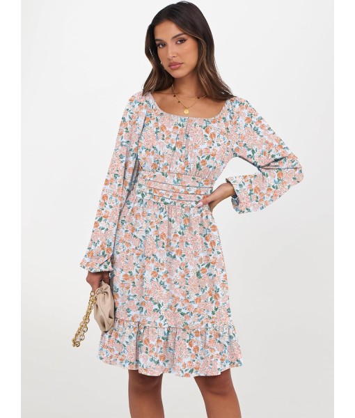 ANRABESS Womens Dress Long Lantern Sleeve Square Neck Elastic Waist Ruffle Flowy Swing A-Line Short Dresses 2025 Fall Fashion