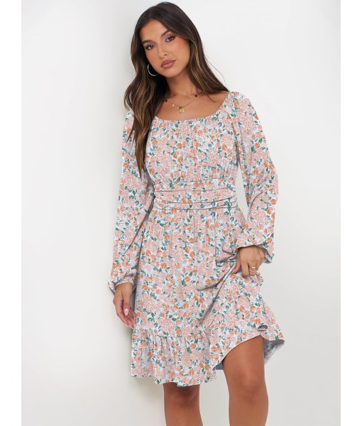 ANRABESS Womens Dress Long Lantern Sleeve Square Neck Elastic Waist Ruffle Flowy Swing A-Line Short Dresses 2025 Fall Fashion
