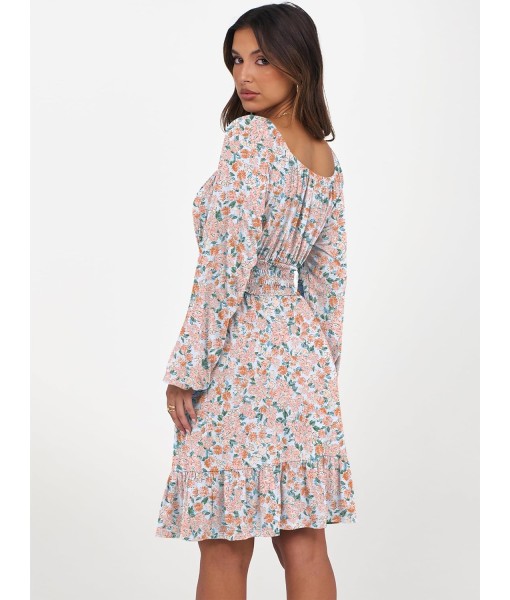 ANRABESS Womens Dress Long Lantern Sleeve Square Neck Elastic Waist Ruffle Flowy Swing A-Line Short Dresses 2025 Fall Fashion