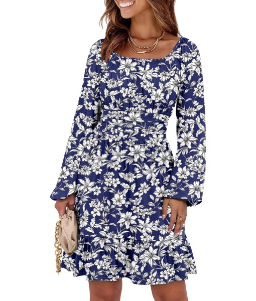ANRABESS Womens Dress Long Lantern Sleeve Square Neck Elastic Waist Ruffle Flowy Swing A-Line Short Dresses 2025 Fall Fashion