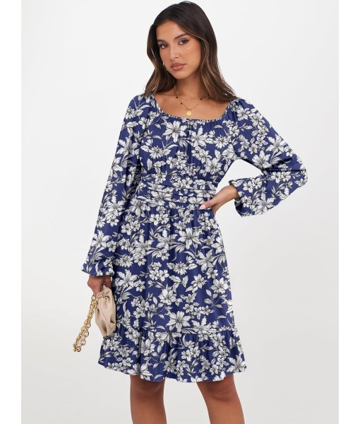 ANRABESS Womens Dress Long Lantern Sleeve Square Neck Elastic Waist Ruffle Flowy Swing A-Line Short Dresses 2025 Fall Fashion