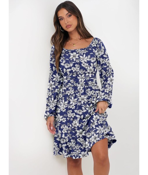 ANRABESS Womens Dress Long Lantern Sleeve Square Neck Elastic Waist Ruffle Flowy Swing A-Line Short Dresses 2025 Fall Fashion