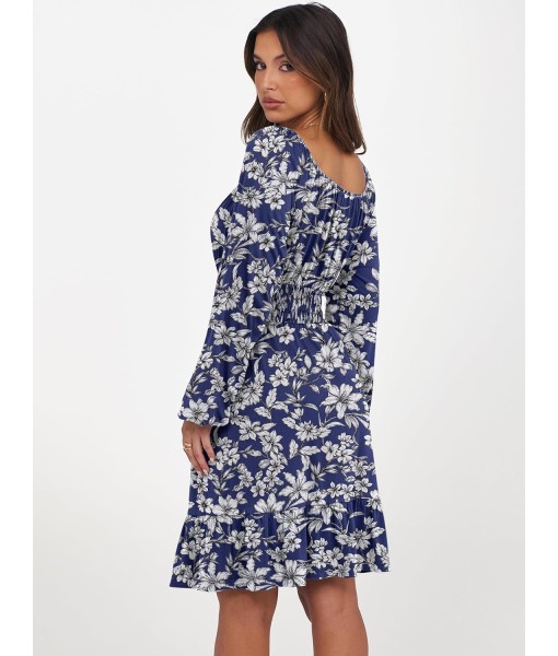 ANRABESS Womens Dress Long Lantern Sleeve Square Neck Elastic Waist Ruffle Flowy Swing A-Line Short Dresses 2025 Fall Fashion