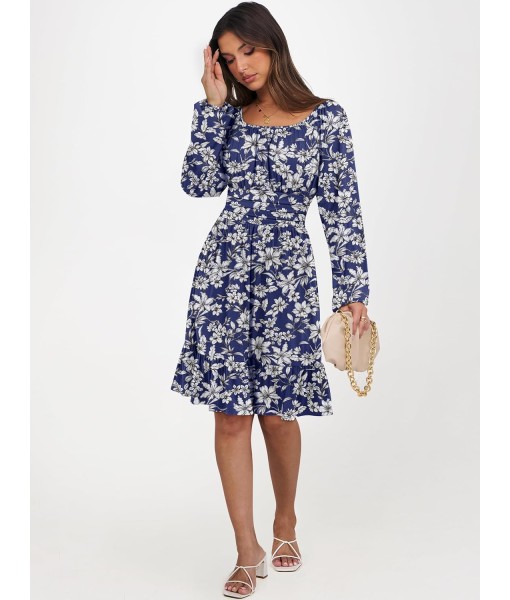 ANRABESS Womens Dress Long Lantern Sleeve Square Neck Elastic Waist Ruffle Flowy Swing A-Line Short Dresses 2025 Fall Fashion