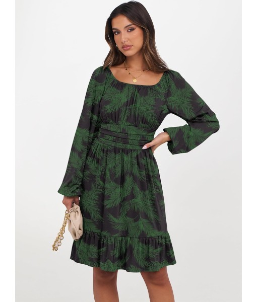 ANRABESS Womens Dress Long Lantern Sleeve Square Neck Elastic Waist Ruffle Flowy Swing A-Line Short Dresses 2025 Fall Fashion
