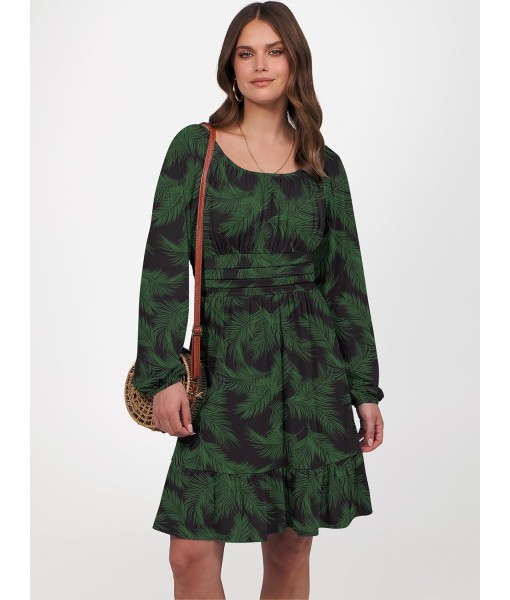ANRABESS Womens Dress Long Lantern Sleeve Square Neck Elastic Waist Ruffle Flowy Swing A-Line Short Dresses 2025 Fall Fashion