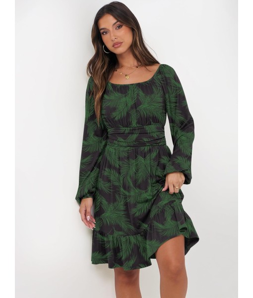 ANRABESS Womens Dress Long Lantern Sleeve Square Neck Elastic Waist Ruffle Flowy Swing A-Line Short Dresses 2025 Fall Fashion