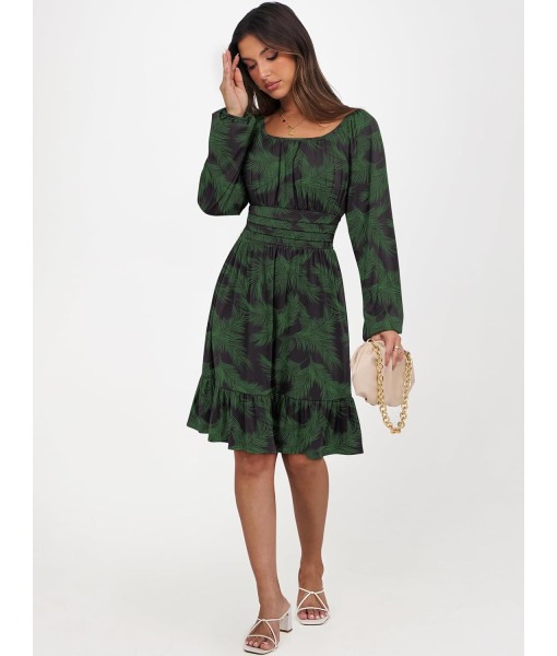 ANRABESS Womens Dress Long Lantern Sleeve Square Neck Elastic Waist Ruffle Flowy Swing A-Line Short Dresses 2025 Fall Fashion
