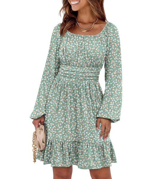 ANRABESS Womens Dress Long Lantern Sleeve Square Neck Elastic Waist Ruffle Flowy Swing A-Line Short Dresses 2025 Fall Fashion