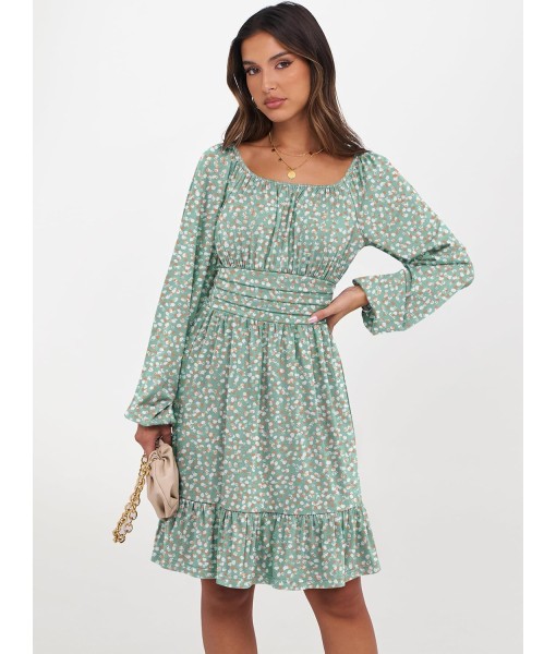 ANRABESS Womens Dress Long Lantern Sleeve Square Neck Elastic Waist Ruffle Flowy Swing A-Line Short Dresses 2025 Fall Fashion