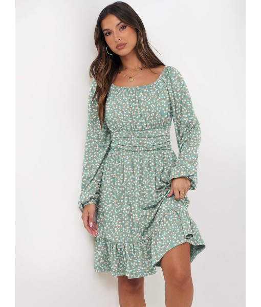 ANRABESS Womens Dress Long Lantern Sleeve Square Neck Elastic Waist Ruffle Flowy Swing A-Line Short Dresses 2025 Fall Fashion