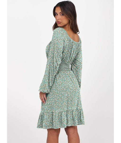 ANRABESS Womens Dress Long Lantern Sleeve Square Neck Elastic Waist Ruffle Flowy Swing A-Line Short Dresses 2025 Fall Fashion