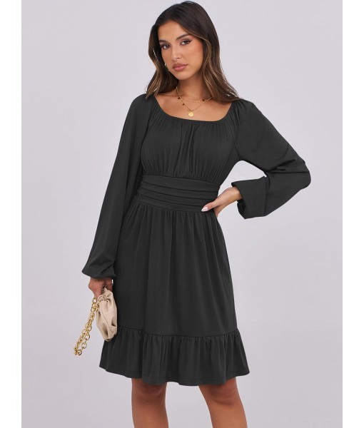 ANRABESS Womens Dress Long Lantern Sleeve Square Neck Elastic Waist Ruffle Flowy Swing A-Line Short Dresses 2025 Fall Fashion