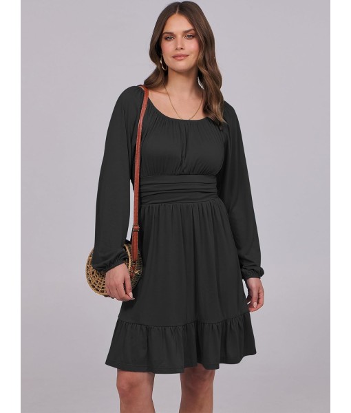 ANRABESS Womens Dress Long Lantern Sleeve Square Neck Elastic Waist Ruffle Flowy Swing A-Line Short Dresses 2025 Fall Fashion