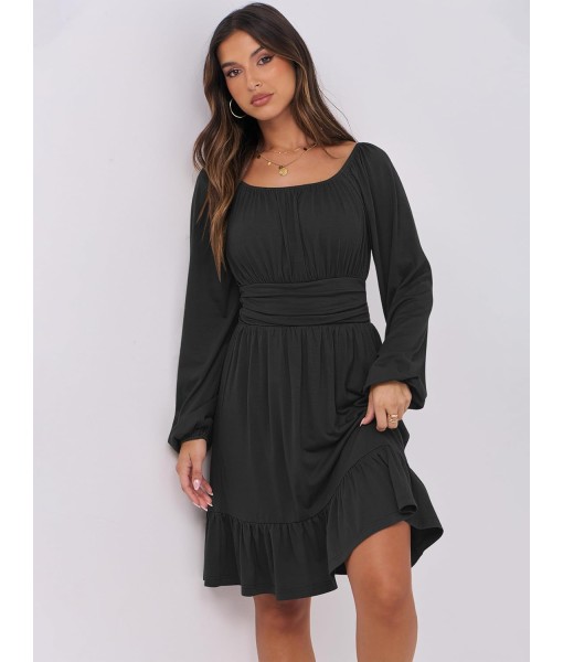 ANRABESS Womens Dress Long Lantern Sleeve Square Neck Elastic Waist Ruffle Flowy Swing A-Line Short Dresses 2025 Fall Fashion