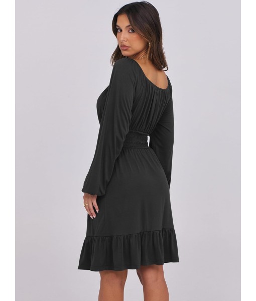 ANRABESS Womens Dress Long Lantern Sleeve Square Neck Elastic Waist Ruffle Flowy Swing A-Line Short Dresses 2025 Fall Fashion