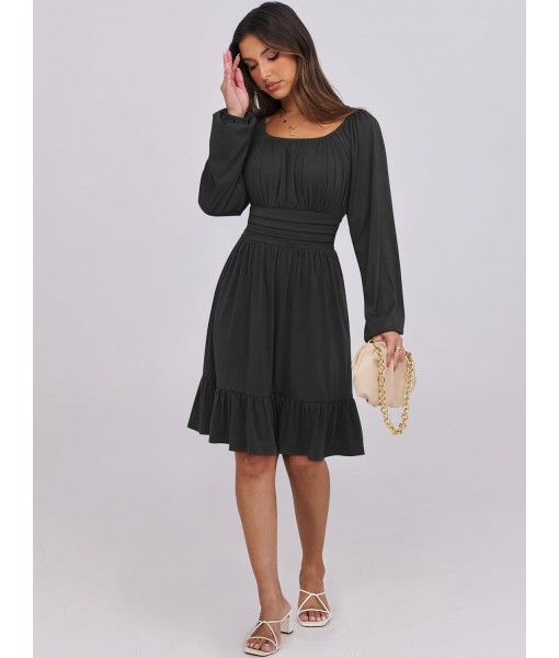 ANRABESS Womens Dress Long Lantern Sleeve Square Neck Elastic Waist Ruffle Flowy Swing A-Line Short Dresses 2025 Fall Fashion