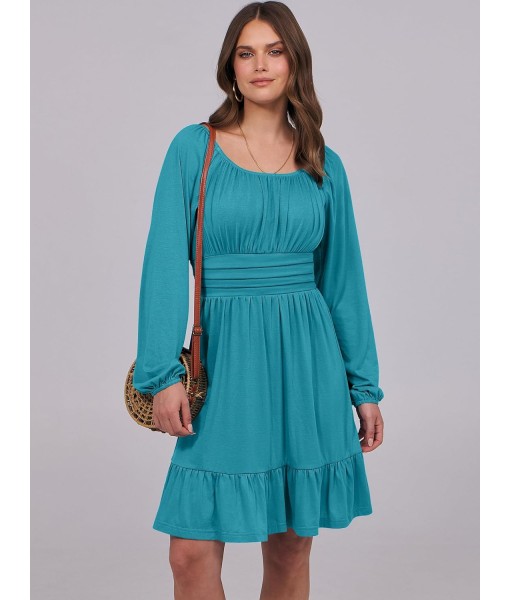 ANRABESS Womens Dress Long Lantern Sleeve Square Neck Elastic Waist Ruffle Flowy Swing A-Line Short Dresses 2025 Fall Fashion