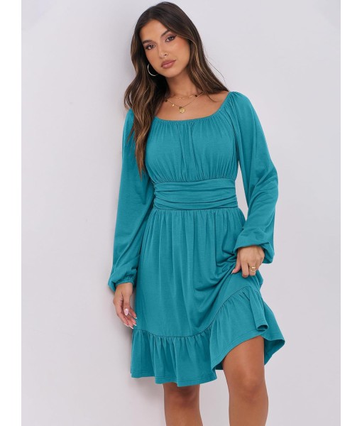ANRABESS Womens Dress Long Lantern Sleeve Square Neck Elastic Waist Ruffle Flowy Swing A-Line Short Dresses 2025 Fall Fashion