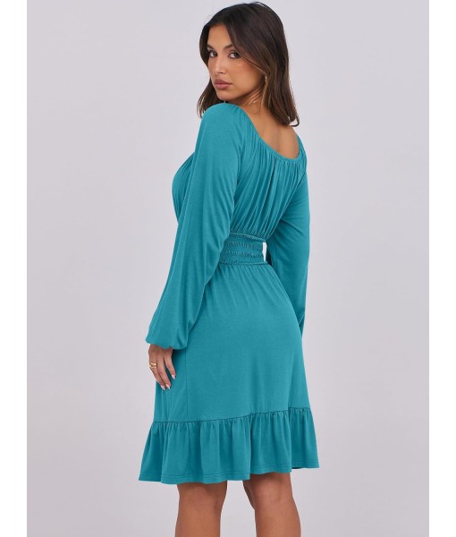ANRABESS Womens Dress Long Lantern Sleeve Square Neck Elastic Waist Ruffle Flowy Swing A-Line Short Dresses 2025 Fall Fashion