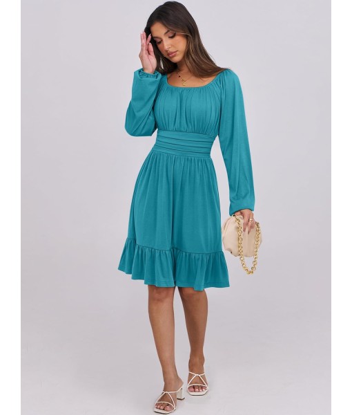 ANRABESS Womens Dress Long Lantern Sleeve Square Neck Elastic Waist Ruffle Flowy Swing A-Line Short Dresses 2025 Fall Fashion