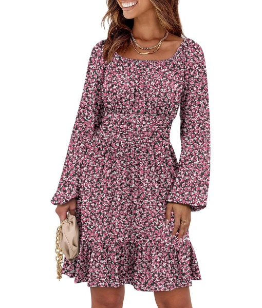 ANRABESS Womens Dress Long Lantern Sleeve Square Neck Elastic Waist Ruffle Flowy Swing A-Line Short Dresses 2025 Fall Fashion
