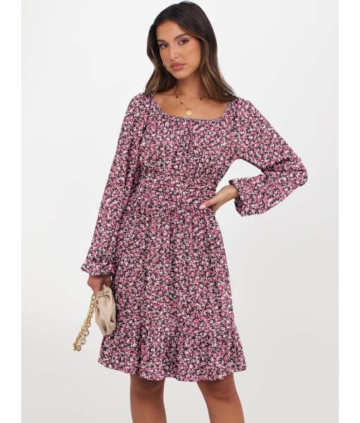 ANRABESS Womens Dress Long Lantern Sleeve Square Neck Elastic Waist Ruffle Flowy Swing A-Line Short Dresses 2025 Fall Fashion