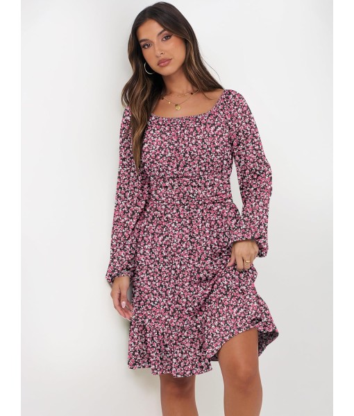 ANRABESS Womens Dress Long Lantern Sleeve Square Neck Elastic Waist Ruffle Flowy Swing A-Line Short Dresses 2025 Fall Fashion