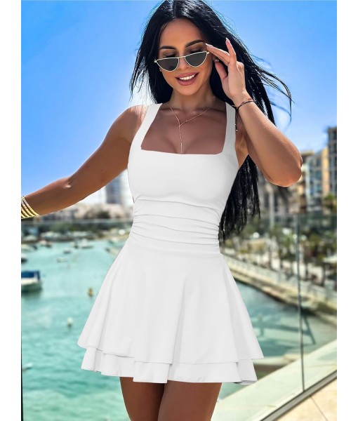 Kaximil Women's Square Neck Ruffle Hem Mini Dress Ruched Waist Short Party Dresses