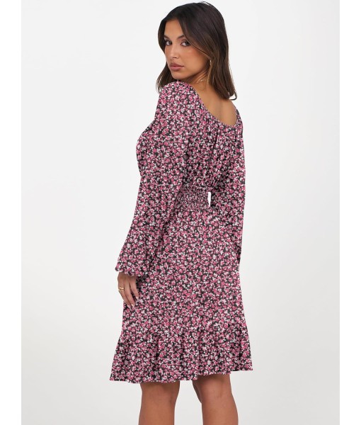 ANRABESS Womens Dress Long Lantern Sleeve Square Neck Elastic Waist Ruffle Flowy Swing A-Line Short Dresses 2025 Fall Fashion