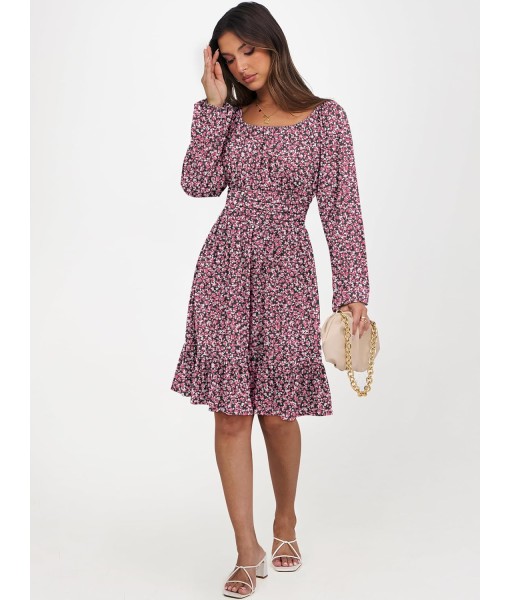 ANRABESS Womens Dress Long Lantern Sleeve Square Neck Elastic Waist Ruffle Flowy Swing A-Line Short Dresses 2025 Fall Fashion
