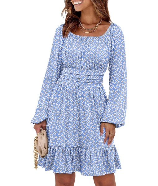 ANRABESS Womens Dress Long Lantern Sleeve Square Neck Elastic Waist Ruffle Flowy Swing A-Line Short Dresses 2025 Fall Fashion