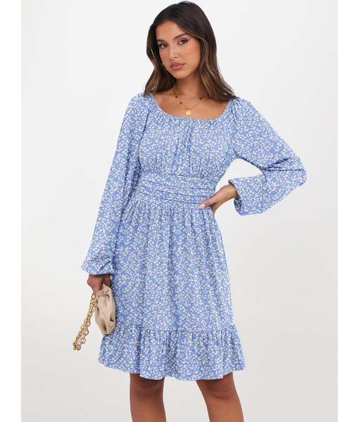 ANRABESS Womens Dress Long Lantern Sleeve Square Neck Elastic Waist Ruffle Flowy Swing A-Line Short Dresses 2025 Fall Fashion