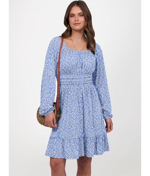 ANRABESS Womens Dress Long Lantern Sleeve Square Neck Elastic Waist Ruffle Flowy Swing A-Line Short Dresses 2025 Fall Fashion