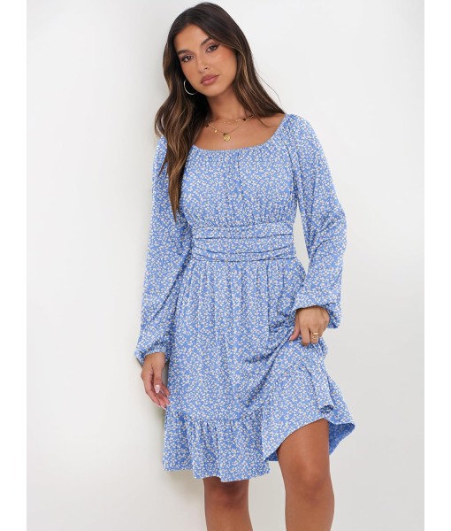 ANRABESS Womens Dress Long Lantern Sleeve Square Neck Elastic Waist Ruffle Flowy Swing A-Line Short Dresses 2025 Fall Fashion
