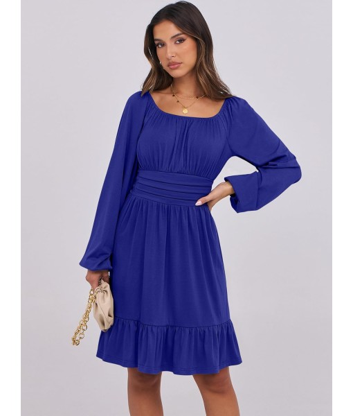 ANRABESS Womens Dress Long Lantern Sleeve Square Neck Elastic Waist Ruffle Flowy Swing A-Line Short Dresses 2025 Fall Fashion