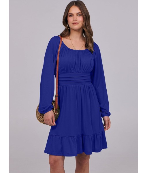 ANRABESS Womens Dress Long Lantern Sleeve Square Neck Elastic Waist Ruffle Flowy Swing A-Line Short Dresses 2025 Fall Fashion