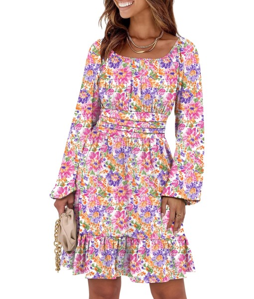 ANRABESS Womens Dress Long Lantern Sleeve Square Neck Elastic Waist Ruffle Flowy Swing A-Line Short Dresses 2025 Fall Fashion