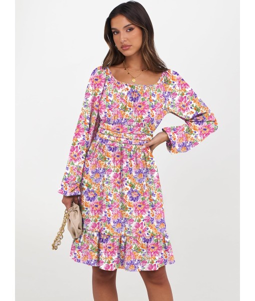 ANRABESS Womens Dress Long Lantern Sleeve Square Neck Elastic Waist Ruffle Flowy Swing A-Line Short Dresses 2025 Fall Fashion