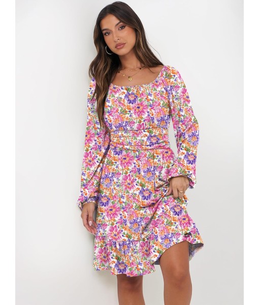 ANRABESS Womens Dress Long Lantern Sleeve Square Neck Elastic Waist Ruffle Flowy Swing A-Line Short Dresses 2025 Fall Fashion