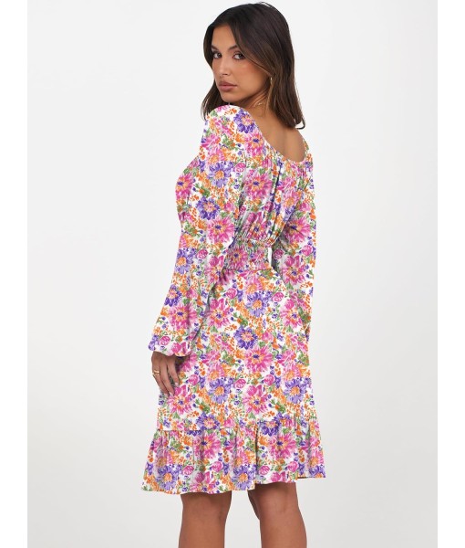 ANRABESS Womens Dress Long Lantern Sleeve Square Neck Elastic Waist Ruffle Flowy Swing A-Line Short Dresses 2025 Fall Fashion