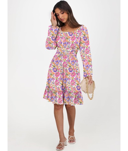 ANRABESS Womens Dress Long Lantern Sleeve Square Neck Elastic Waist Ruffle Flowy Swing A-Line Short Dresses 2025 Fall Fashion