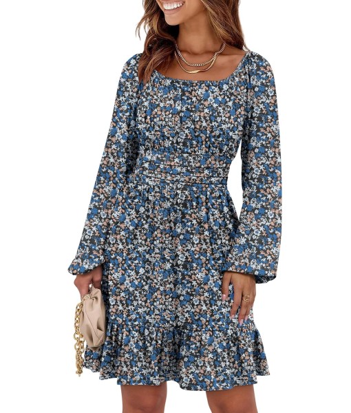 ANRABESS Womens Dress Long Lantern Sleeve Square Neck Elastic Waist Ruffle Flowy Swing A-Line Short Dresses 2025 Fall Fashion