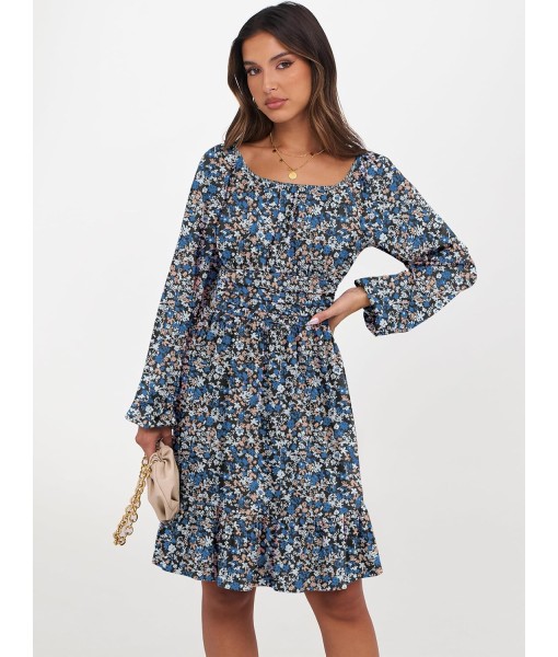 ANRABESS Womens Dress Long Lantern Sleeve Square Neck Elastic Waist Ruffle Flowy Swing A-Line Short Dresses 2025 Fall Fashion