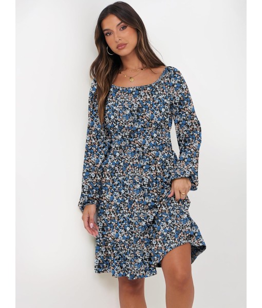 ANRABESS Womens Dress Long Lantern Sleeve Square Neck Elastic Waist Ruffle Flowy Swing A-Line Short Dresses 2025 Fall Fashion
