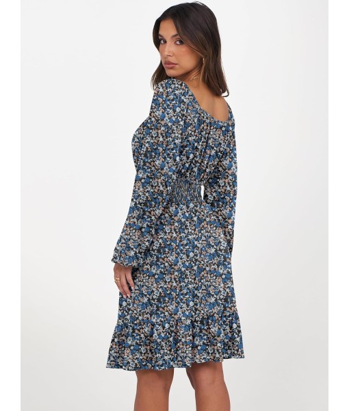 ANRABESS Womens Dress Long Lantern Sleeve Square Neck Elastic Waist Ruffle Flowy Swing A-Line Short Dresses 2025 Fall Fashion