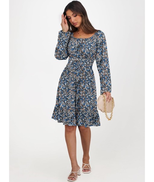 ANRABESS Womens Dress Long Lantern Sleeve Square Neck Elastic Waist Ruffle Flowy Swing A-Line Short Dresses 2025 Fall Fashion